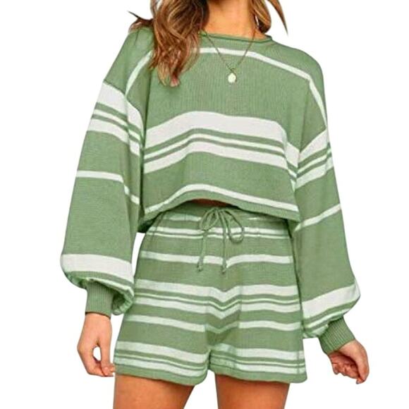 Zesica sz S Long Sleeve 2‎ Piece Sweater Short Set Women Stripe Green Loungewear - Picture 1 of 16